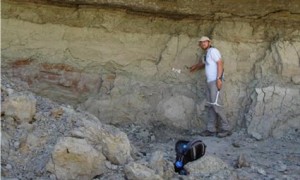 Dr. Andrew Farke, pointing out the first traces of the dinosaur fossil.