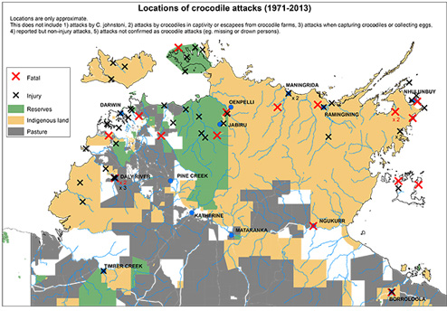 Map of crocodile attacks in the Northern Territory.