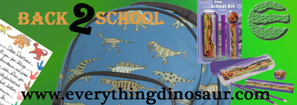 pens, pencils, lunchboxes, pencil cases, school kits all with a dinosaur theme.