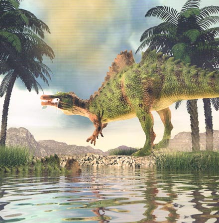 A prehistoric scene featuring the Collecta Ichthyovenator dinosaur model.