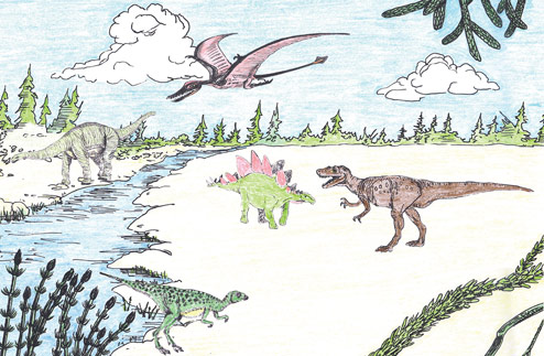 Dinosaurs roamed the land whilst Pterosaurs soared overhead.