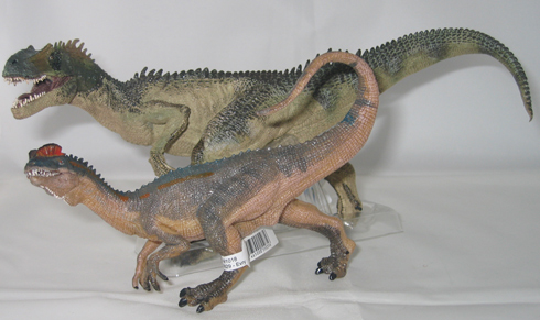 The Papo Allosaurus and the Papo Dilophosaurus dinosaur models are roughly to the same scale.