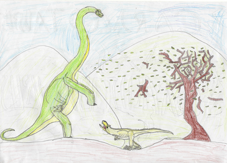 A long-necked dinosaur rears up.
