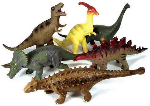 A set of six rubber dinosaurs, great for tactile play.