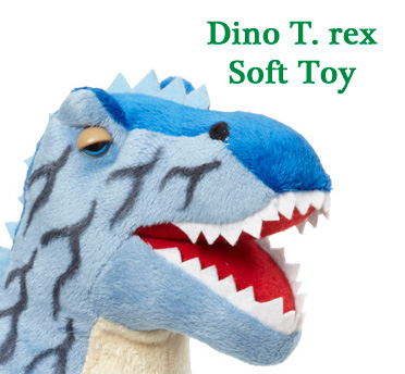 A blue Tyrannosaurus rex soft toy.