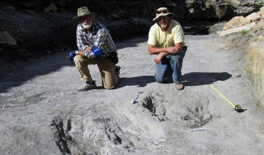 Martin Lockley (right) and Ken Cart pose beside large Theropod dinosaur scrapes in western Colorado.