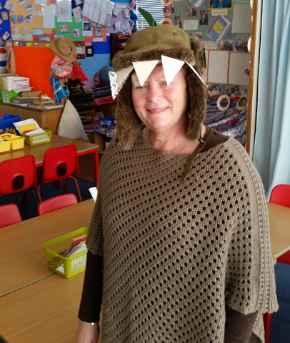 Mrs Walker with her dinosaur hat.
