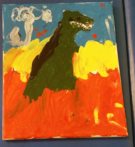 Edith painted a lovely dinosaur picture.