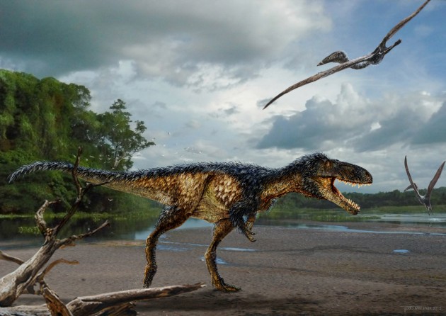 The tyrannosaurid Timurlengia wandering its flood plain home.