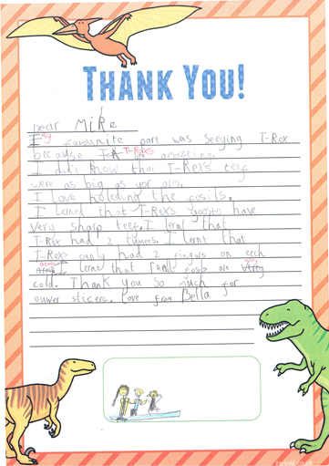 Bella's thank you letter to Everything Dinosaur.