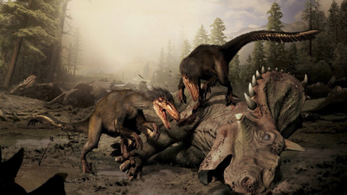 A pair Boreonykus feeding on the corpse of a Pachyrhinosaurs lakustai.