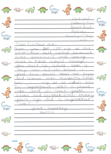 A thank you letter sent in by Hannah to Everything Dinosaur.