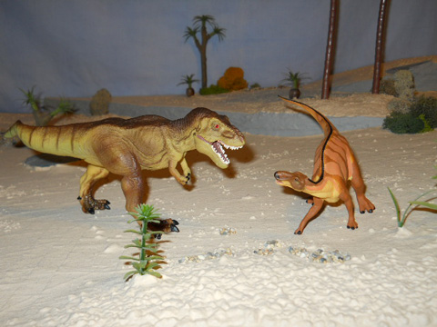 An Edmontosaurus encounters T. rex.