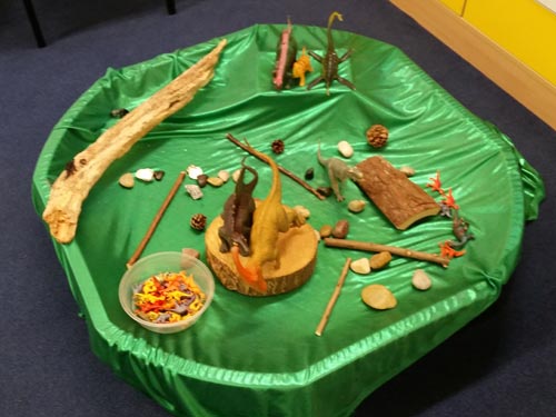 A Reception class dinosaur themed creative play area.