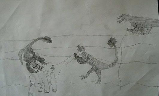  A pack of Deinonychus attack Tenontosaurus.