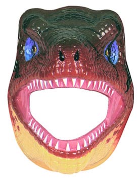 A Tyrannosaurus rex face mask.