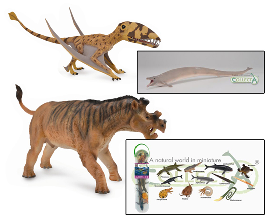 Marine prehistoric animals, Basilosaurus, Uintatherium and the CollectA Dimorphodon model.