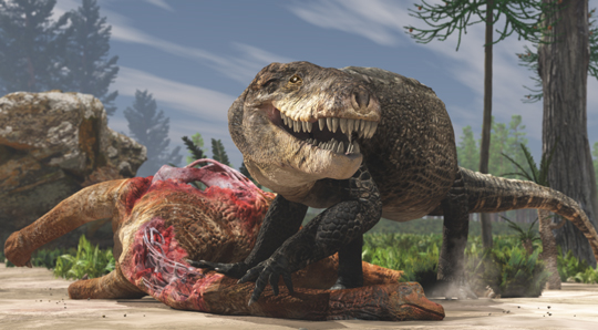 Razanandrongobe feeding on a dinosaur.