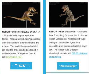 Rebor "Spring-heeled Jack" and "Alex Delarge" Velociraptor replicas.