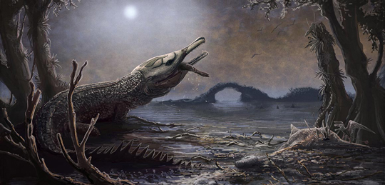A illustration of the Jurassic teleosaurid Lemmysuchus.