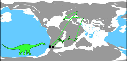 The evolutionary path of Andesaurus delgadoi is plotted.