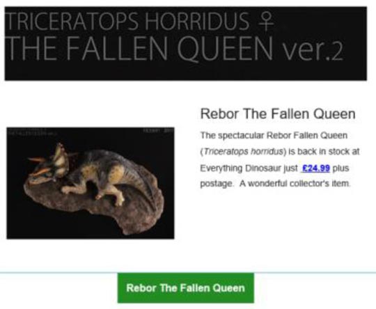 The Rebor Triceratops figure (Fallen Queen) features in an Everything Dinosaur newsletter.
