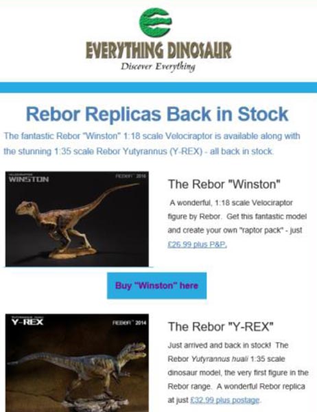 May newsletter Rebor Y-REX and "Winston" back in stock.