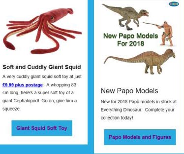 May newsletter, new for 2018 Papo models (young Spinosaurus, cave man with spear and an Amargasaurus) plus a giant squid soft toy.