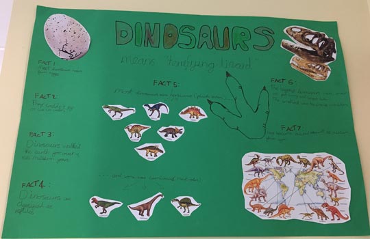 Children in Year 1 design dinosaur posters.