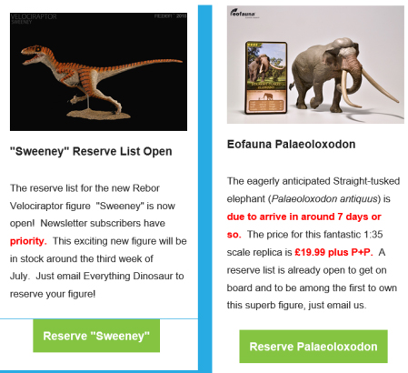 The new Rebor "Sweeney" Velociraptor figure and the Eofauna Straight-tusked elephant.