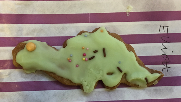 A dinosaur shaped biscuit made by Year 2.