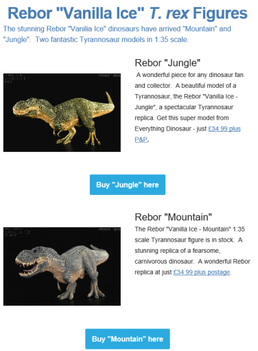 The Everything Dinosaur newsletter features the Rebor "Vanilla Ice" Mountain and Jungle.