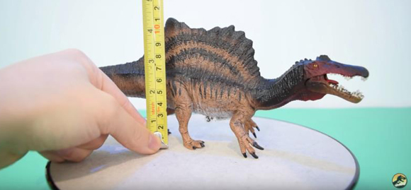 The Schleich Spinosaurus model is measured.