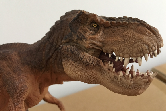 The head and jaws of the new for 2019 Papo brown running T. rex dinosaur model.