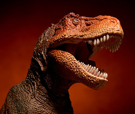 A close-up view of a Kaiyodo Sofubi Toy Box Tyrannosaurus rex "classic" colour.