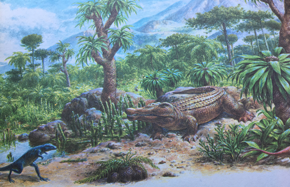 A phytosaur in a Triassic diorama.