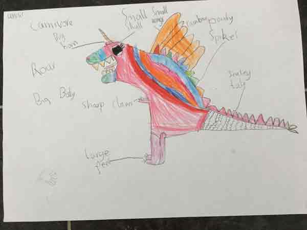 Year 2 children draw dinosaurs.