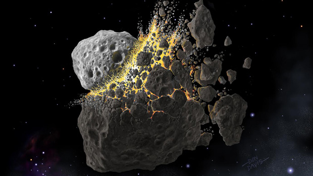 Colliding asteroids in outer space.