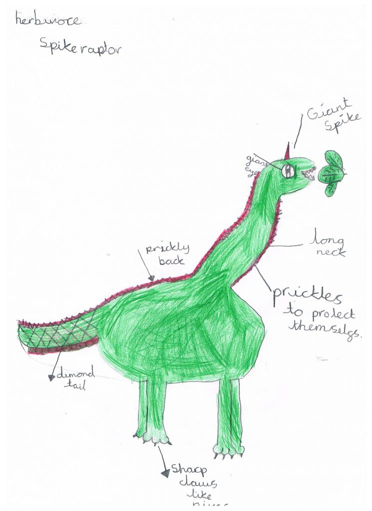A colourful green dinosaur - Spikeraptor the product of the imagination of young Nataliya (Key Stage 1).
