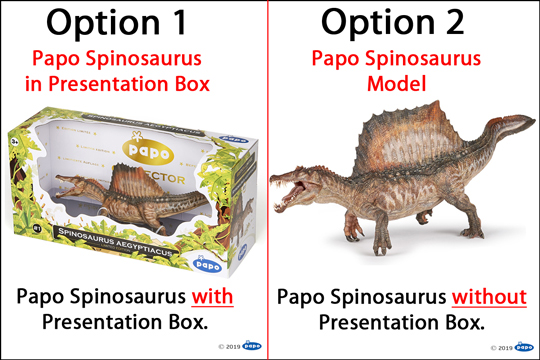 Papo Spinosaurus limited edition purchase options. Option 1 model with presentation box or option 2 model without a presentation box.