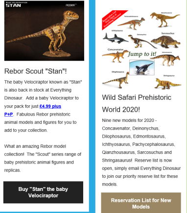 Reserving Wild Safari Prehistoric World figures and the Rebor Scout series Velociraptor "Stan".