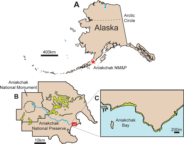 Aniakchak National Park location and fossil sites.