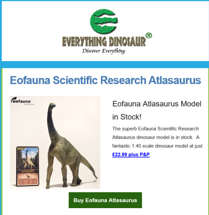 Eofauna Atlasaurus dinosaur model features in newsletter.