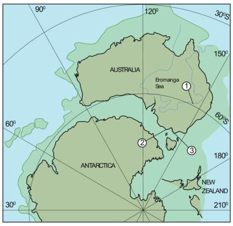 Palaeogeographic map of South Pole (100 million years ago).