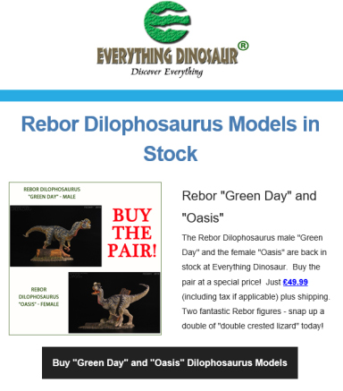 Rebor Dilophosaurus dinosaur models "Oasis" and "Green Day".