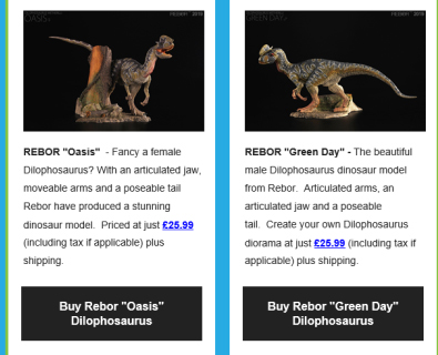 Rebor Dilophosaurus dinosaur models "Green Day" and "Oasis".