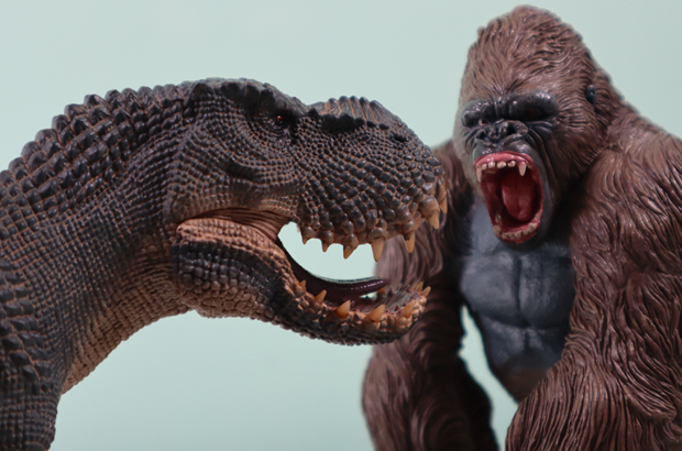 Tyrannosaurus rex versus a giant gorilla.