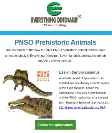 Featured in the Everything Dinosaur newsletter - Essien the Spinosaurus.