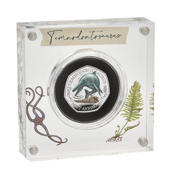 Acrylic block containing one of the Mary Anning commemorative coins.