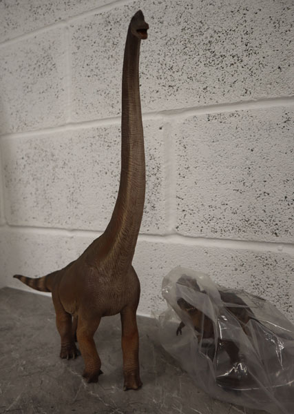 W-Dragon Giraffatitan Compared to a Papo standing T. rex dinosaur model